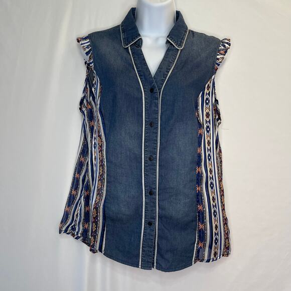 Desigual Womens Sleeveless Denim Shirt Naha XL V-Neck Button Up Aztec Side Panel - Picture 7 of 7